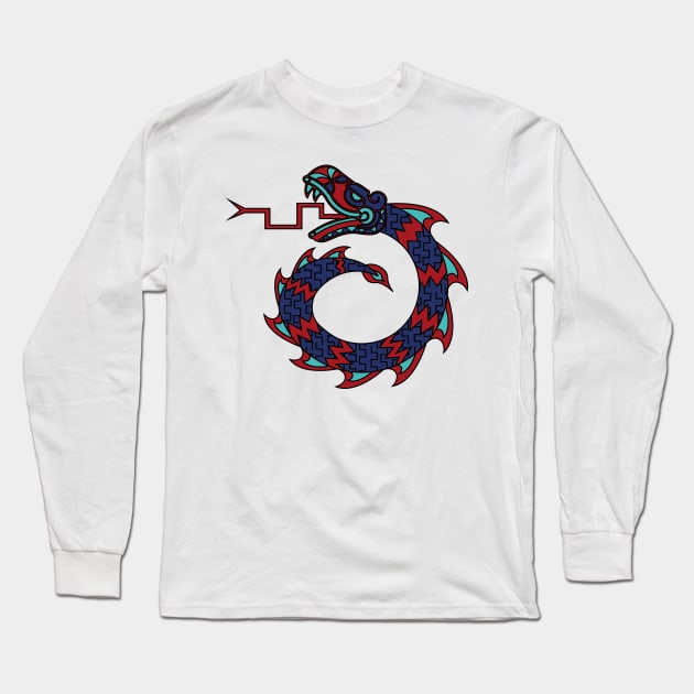 Mexican Snake Dragon Design Red, Blue and Turquoise T-Shirt Long Sleeve T-Shirt by JDP Designs